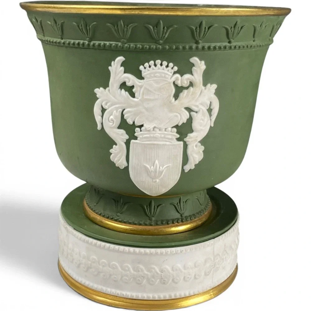 Vintage Porcellane d'Arte Italy Green Cachepot Urn Planter Pedestal Vase Base